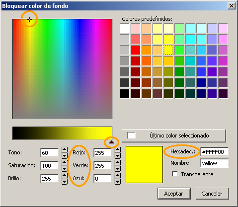 Panel para seleccionar los colores