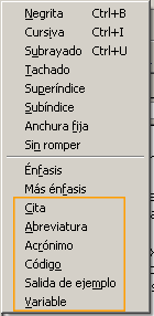 Menú de estilos de texto según contenido