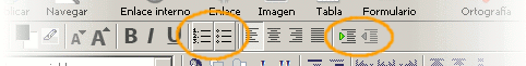 Iconos de tipo de lista y nivel de tabulación en la barra de formato