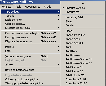 Menú de selección del tipo de letra