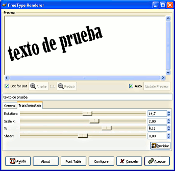 Pestaña Transformation del filtro FreeType