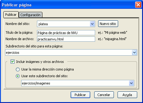 Panel para indicar los detalles de publicación de una página