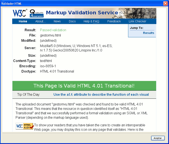 Informe de página HTML 4.01 transitional válida
