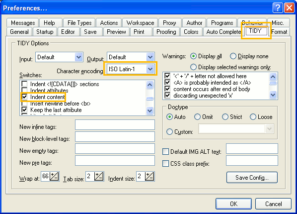 Panel de preferencias de configuración