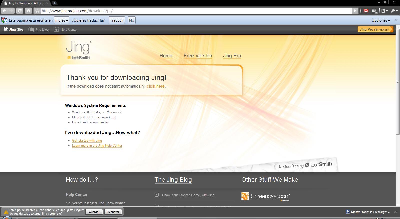 Captura de pantalla JING instalación